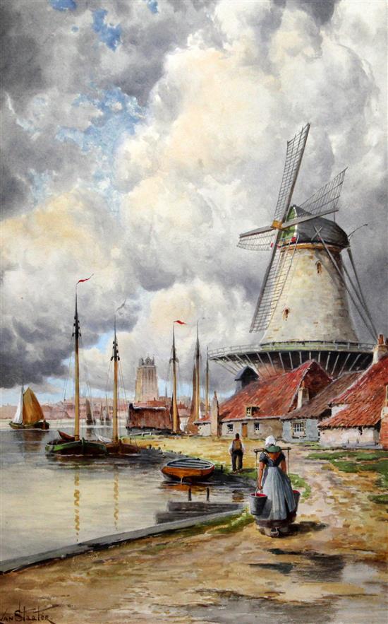 Louis van Staaten (1836-1909) Dutch canalside scenes, a pair, Papendrecht, Holland and Dordrecht, Holland 23 x 15in.